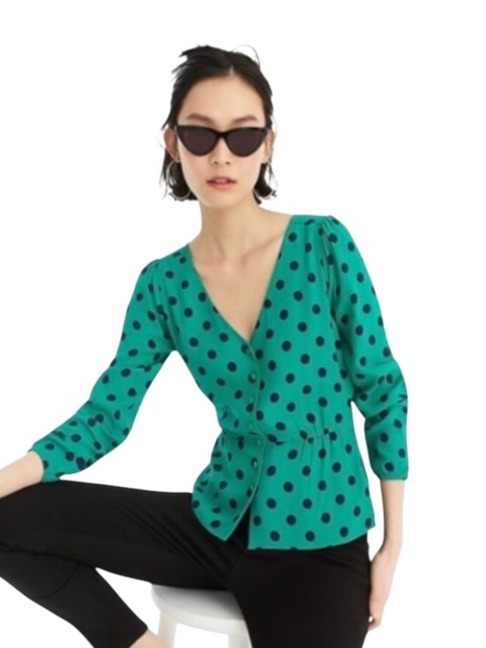 J Crew- size 2- Green Polka Dot Wrap Blouse - Women's V-Neck Top